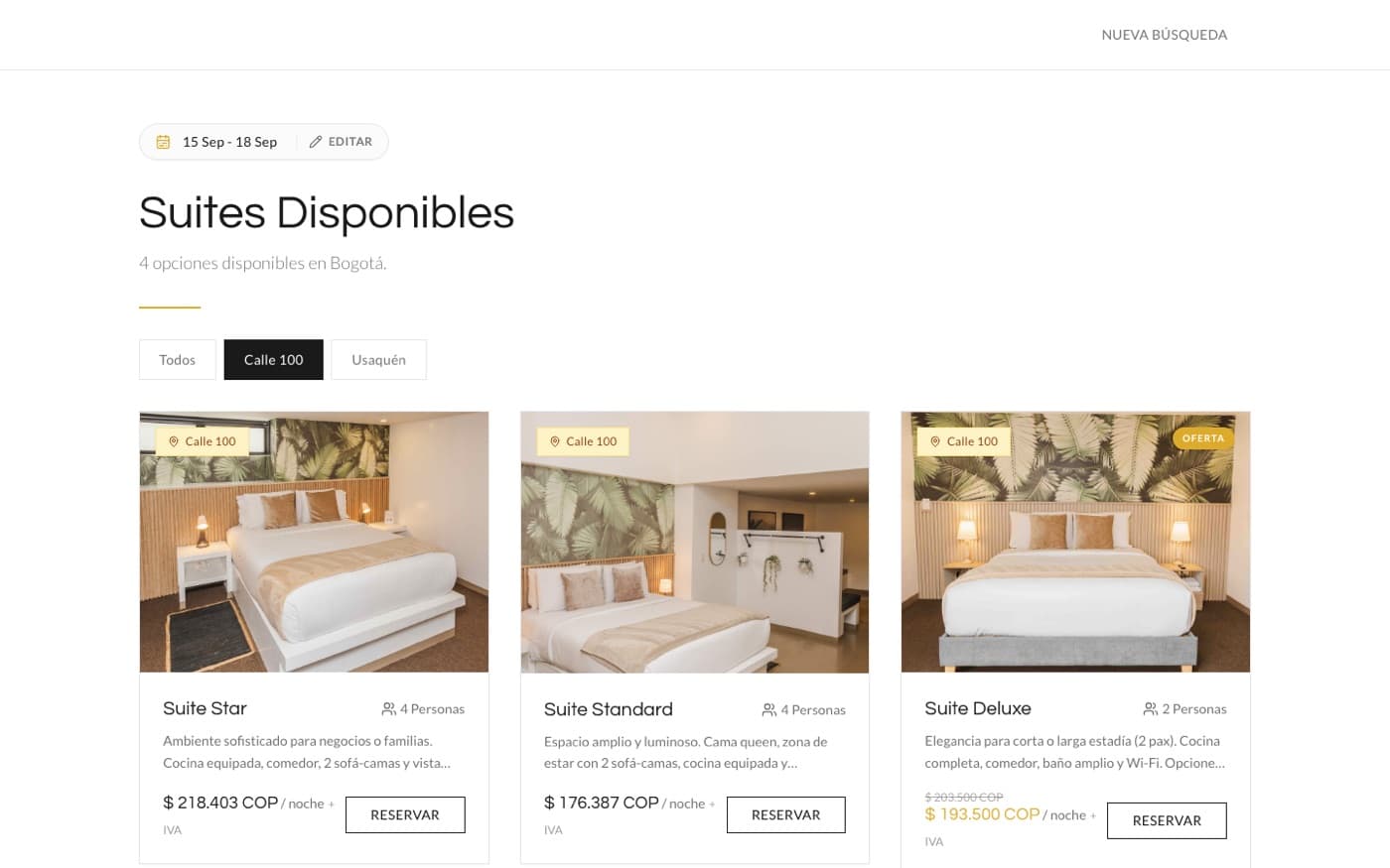 Sistema de reservas de Kaza Living: suites disponibles en Bogotá con fotos, tarifas por noche y filtro por sede