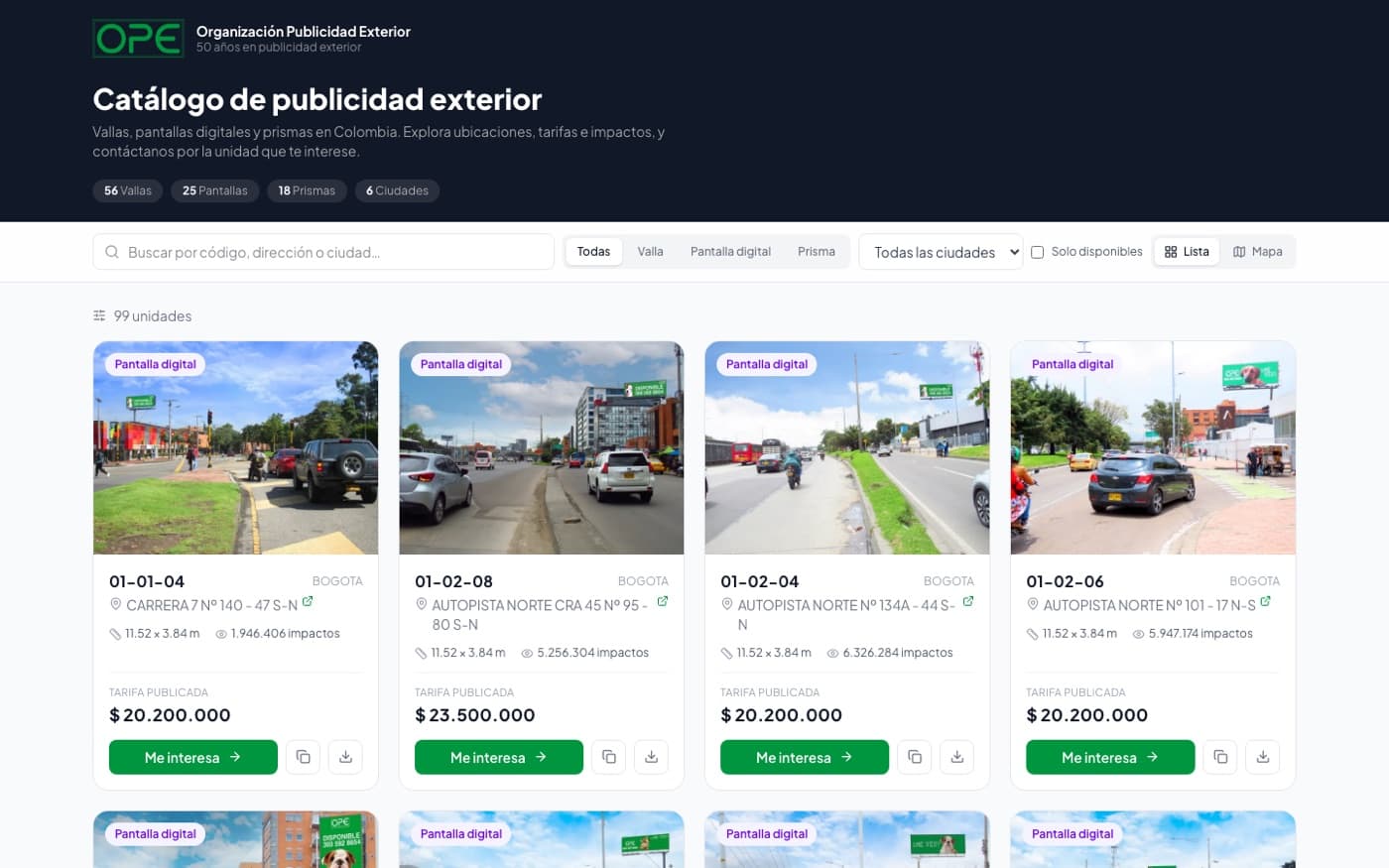 Catálogo de publicidad exterior de OPE: vallas y pantallas con código, ubicación, dimensiones, impactos y tarifa